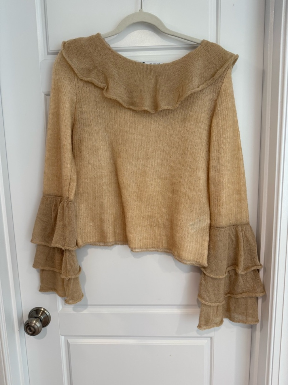Zara Beige Ruffled Collar Sweater with Tiered Bell Sleeves